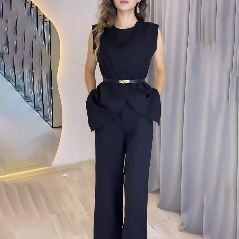 Women's Solid Color Round Neck Sleeveless High Waist Wide Leg Suits