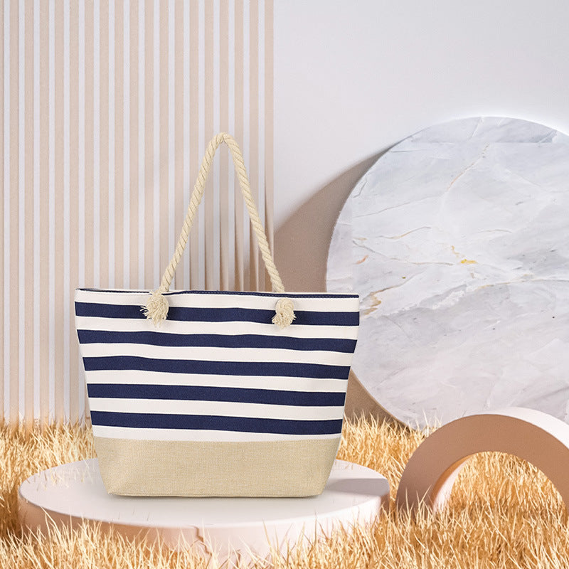 Women's Underarm Large Capacity Canvas Striped Beach Tote Bags