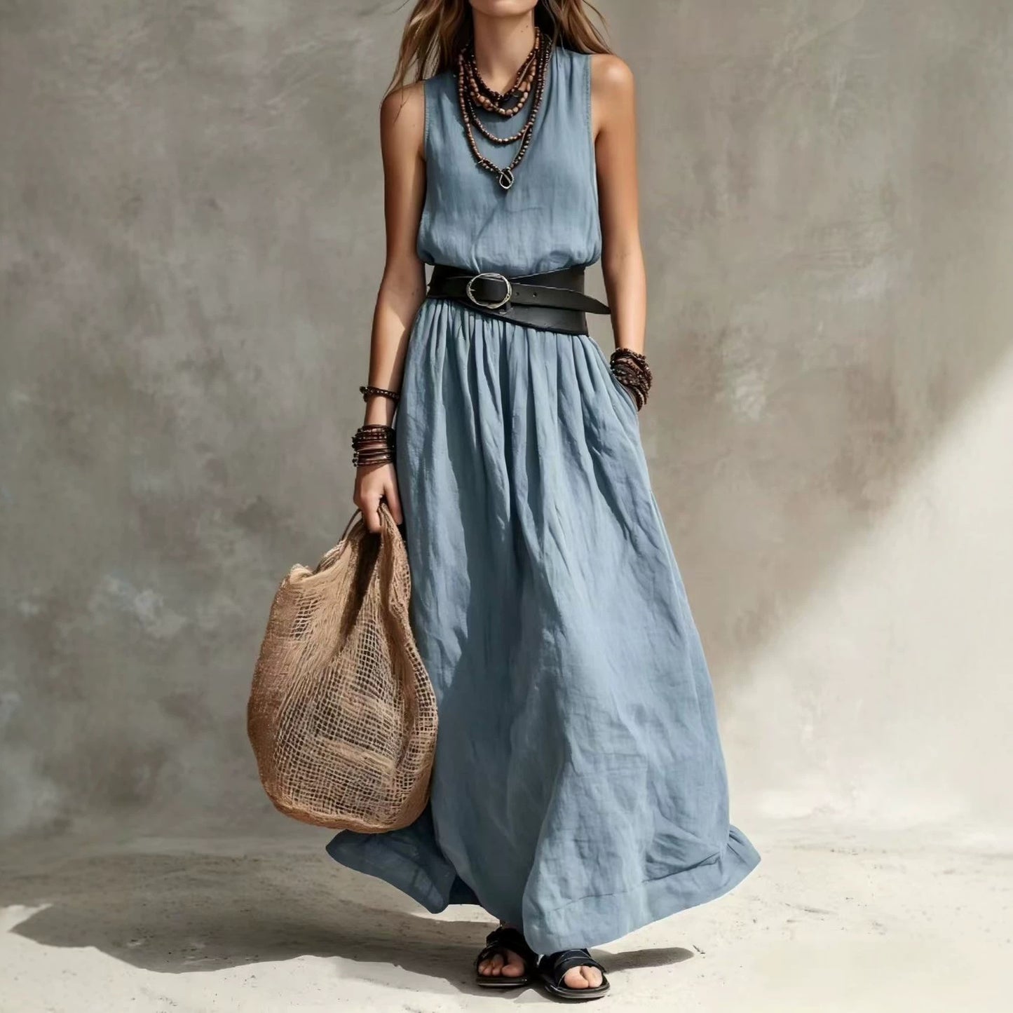 Women's French Style Temperament Lapel Sleeveless Summer Dress