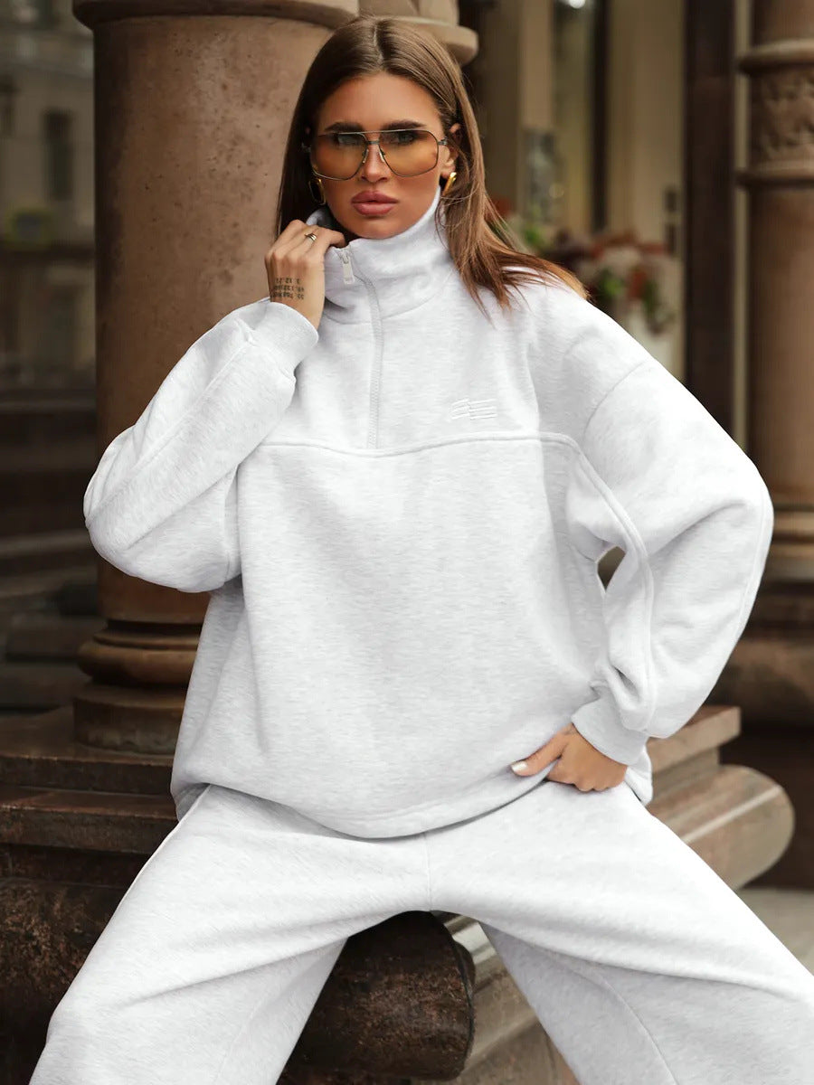 Women's Solid Color Long Sleeve Half Pullover Elastic Trousers Tops