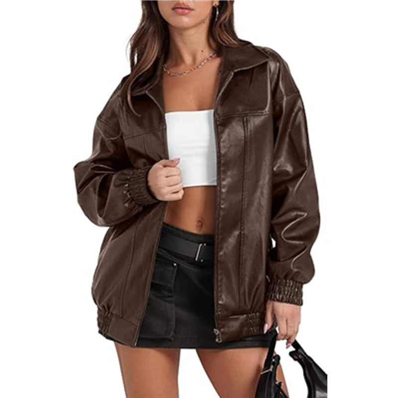 Women's Leather Long Sleeve Lapel Zipper Side Pocket Jackets