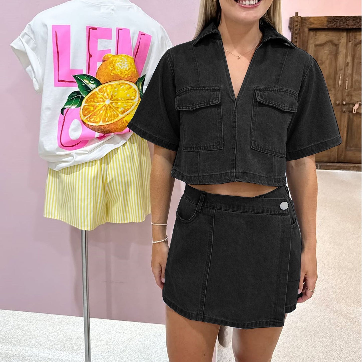 Women's Denim Culottes Summer Short-sleeved Hot High Suits
