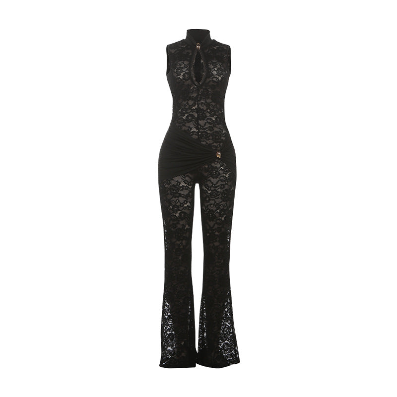 Women's Lace Stitching Sleeveless Sexy High Waist Jumpsuits