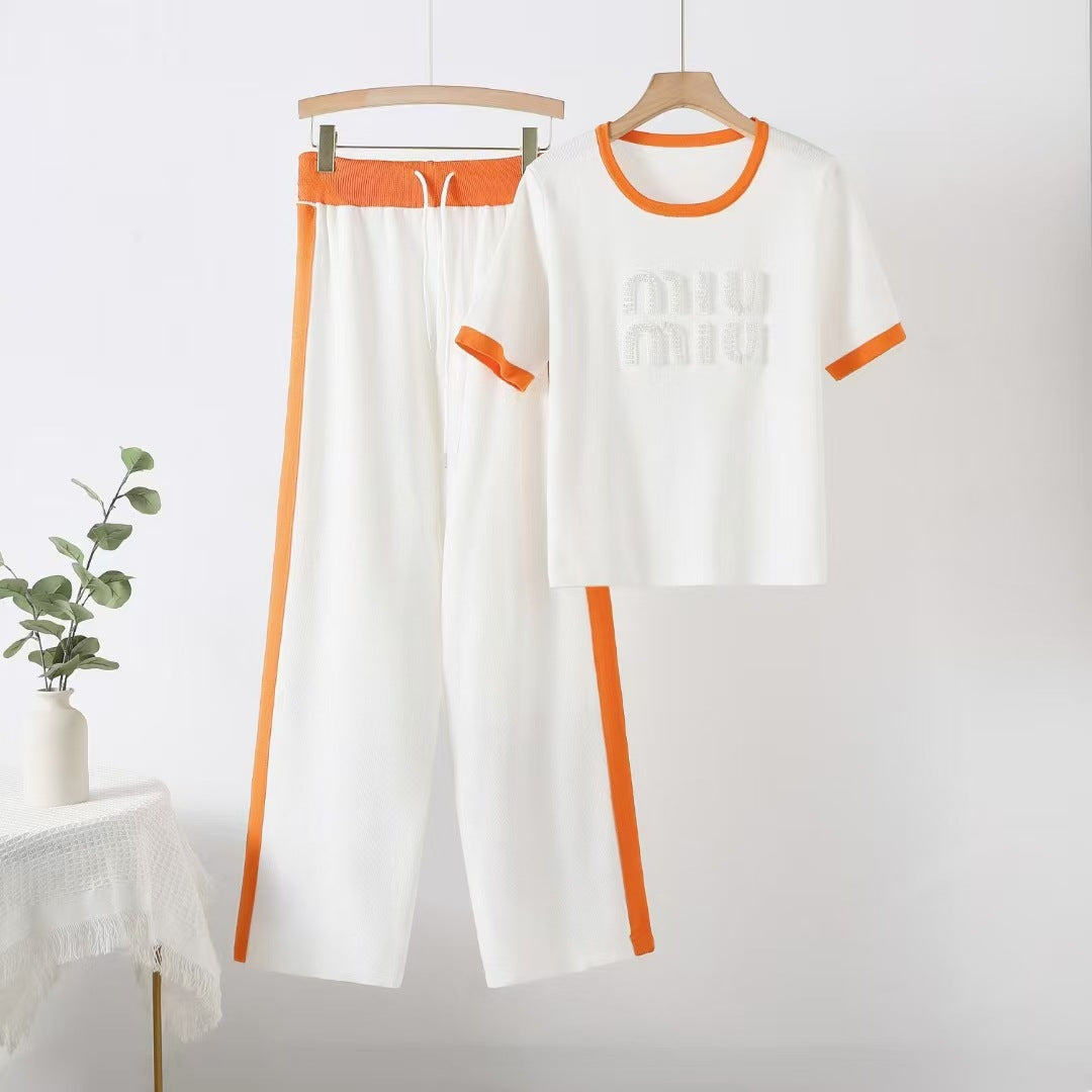 Fashion Rhinestone Letter Crew Neck Short-sleeved Knitted Trousers Suits
