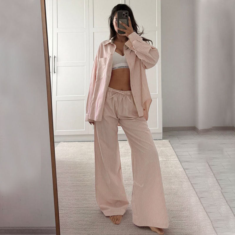 Women's Striped Casual Simple Long-sleeved Trousers Loose Suits