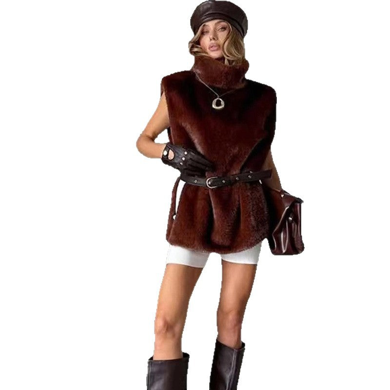 Women's Fashion High Collar Sleeveless Plush Imitation Coats