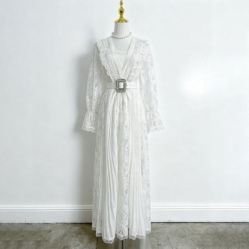 Women's Vintage Court Style Hollow Out Lace Long Dress Dresses