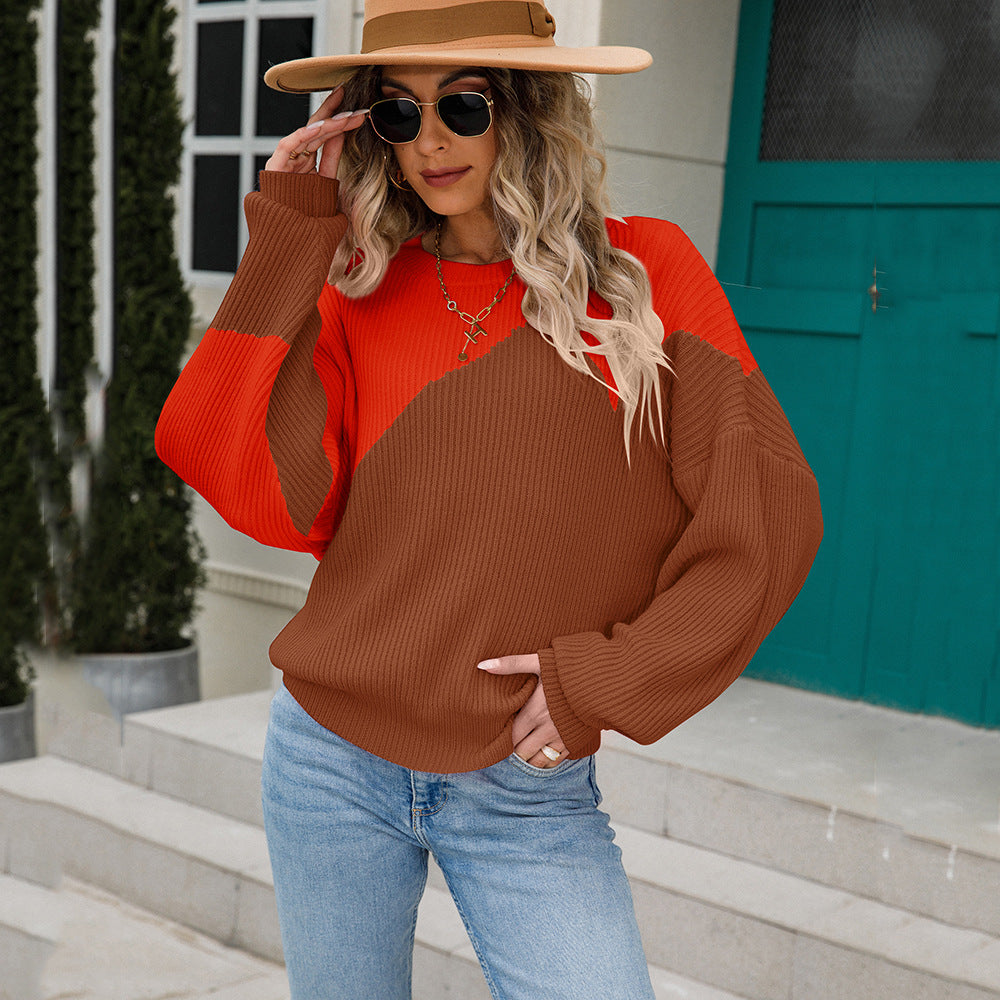 Women's Color Matching Batwing Shirt Pullover Round Sweaters