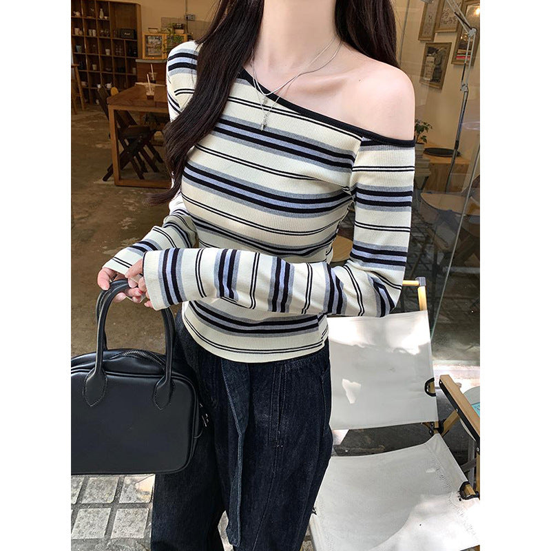 Women's Korean Style Beige Stripes Long Sleeve Shirt Sloping Exposed Shoulder Women's T-shirt