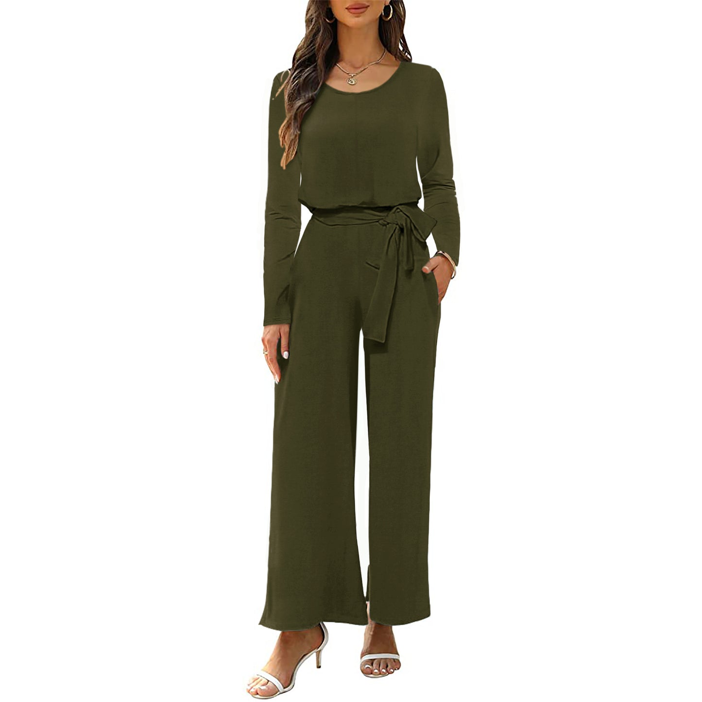 Neck Long Sleeve Waist One-piece Belt Jumpsuits