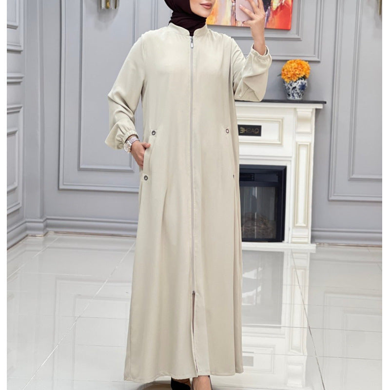 Women's Fashion Ladies Stand Collar Zipper Pocket Dresses