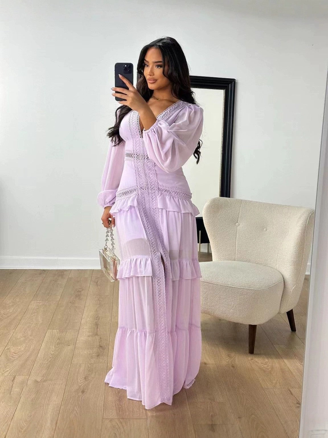 Women's Elegant Stitching Long Sleeve Dress Chiffon Dresses