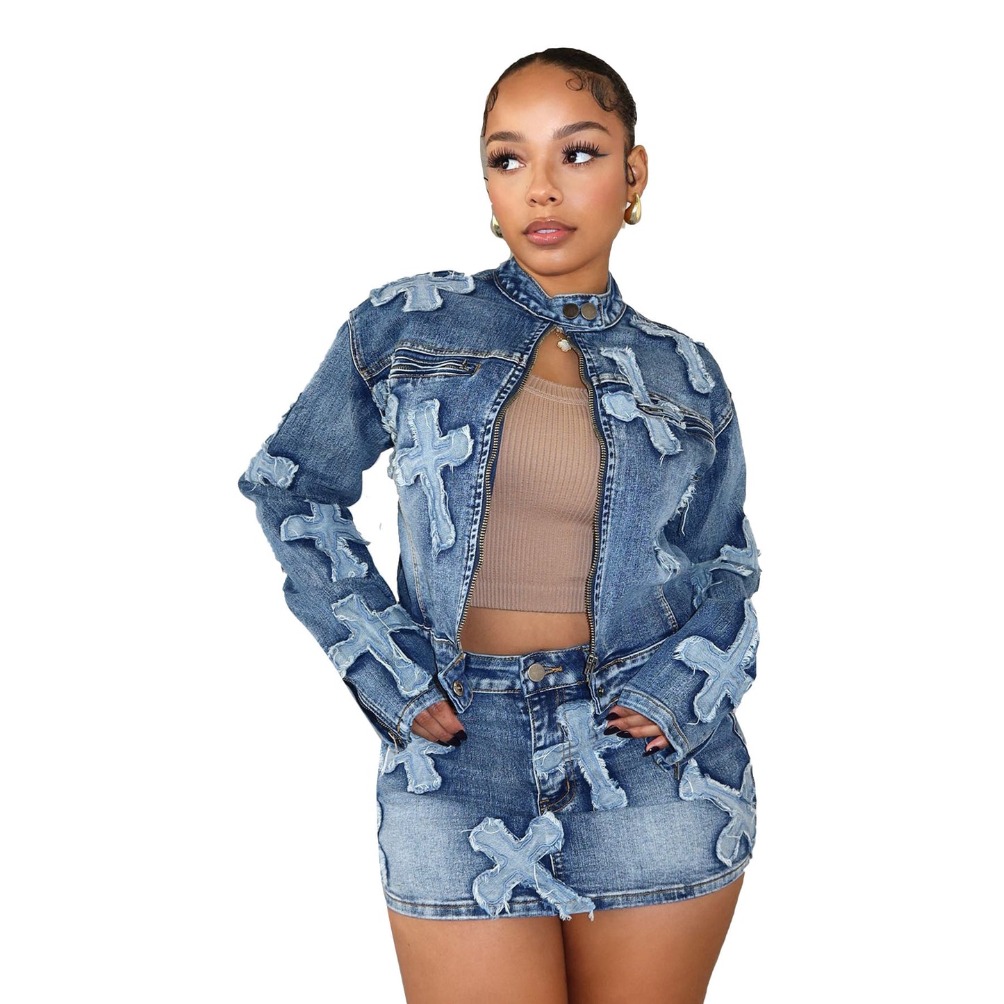 Elegant Autumn Stretch Denim Cross Embroidered Jackets