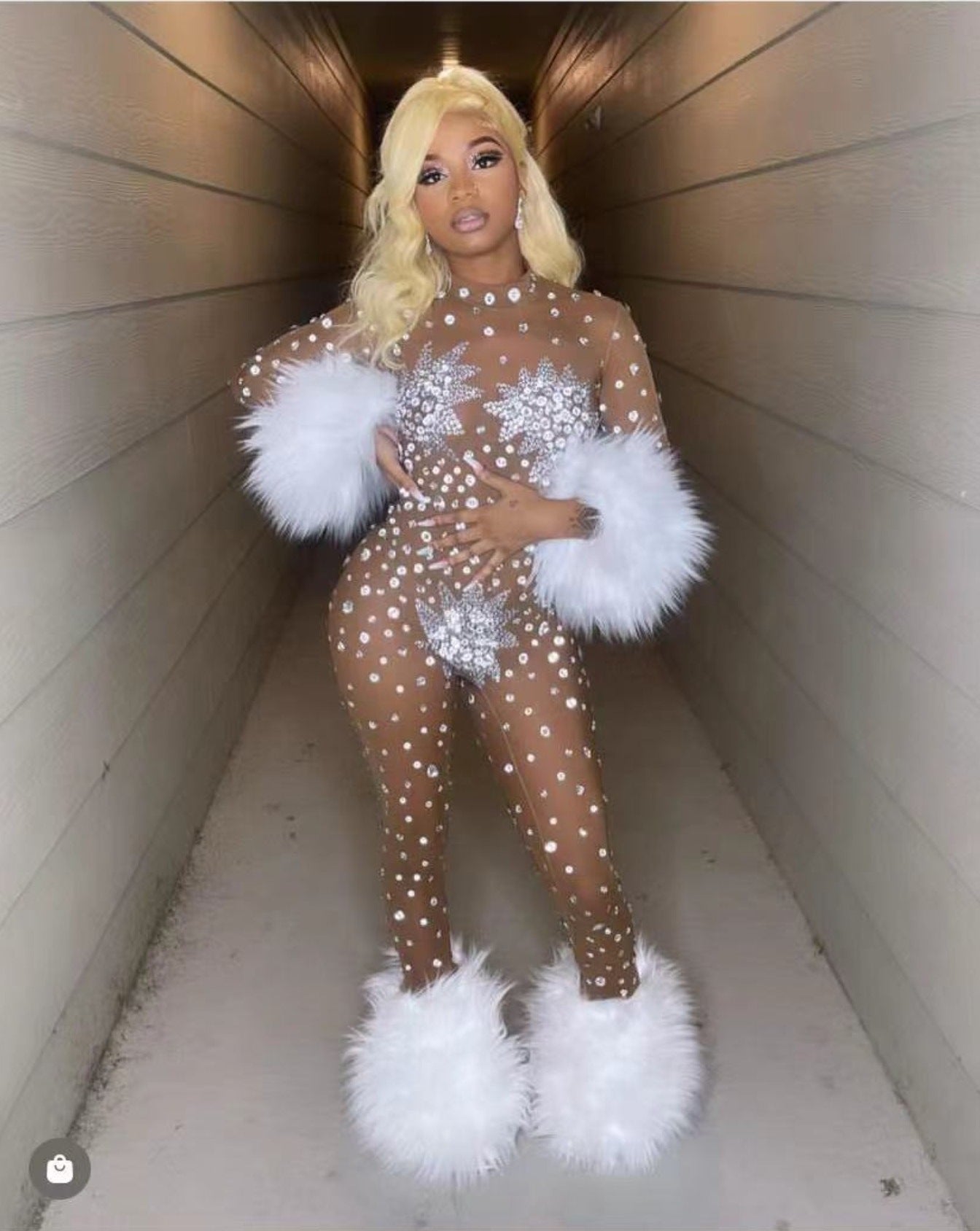 Sexy Rhinestones Transparent Mesh Feather Tight Nightclub Jumpsuits