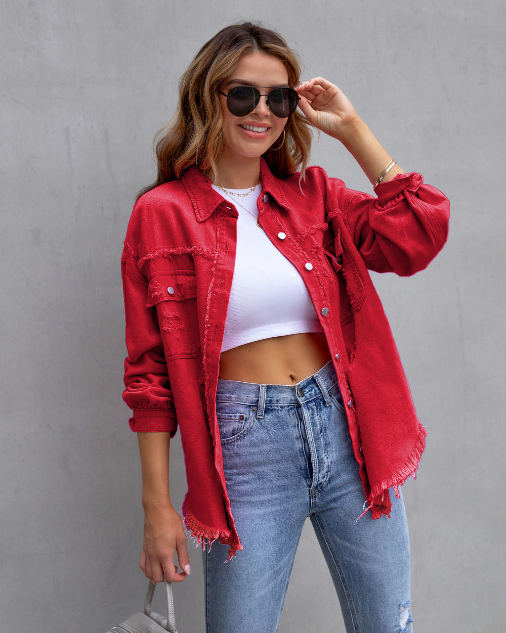 Women's Hem Ripped Denim Long-sleeved Casual Polo Jackets