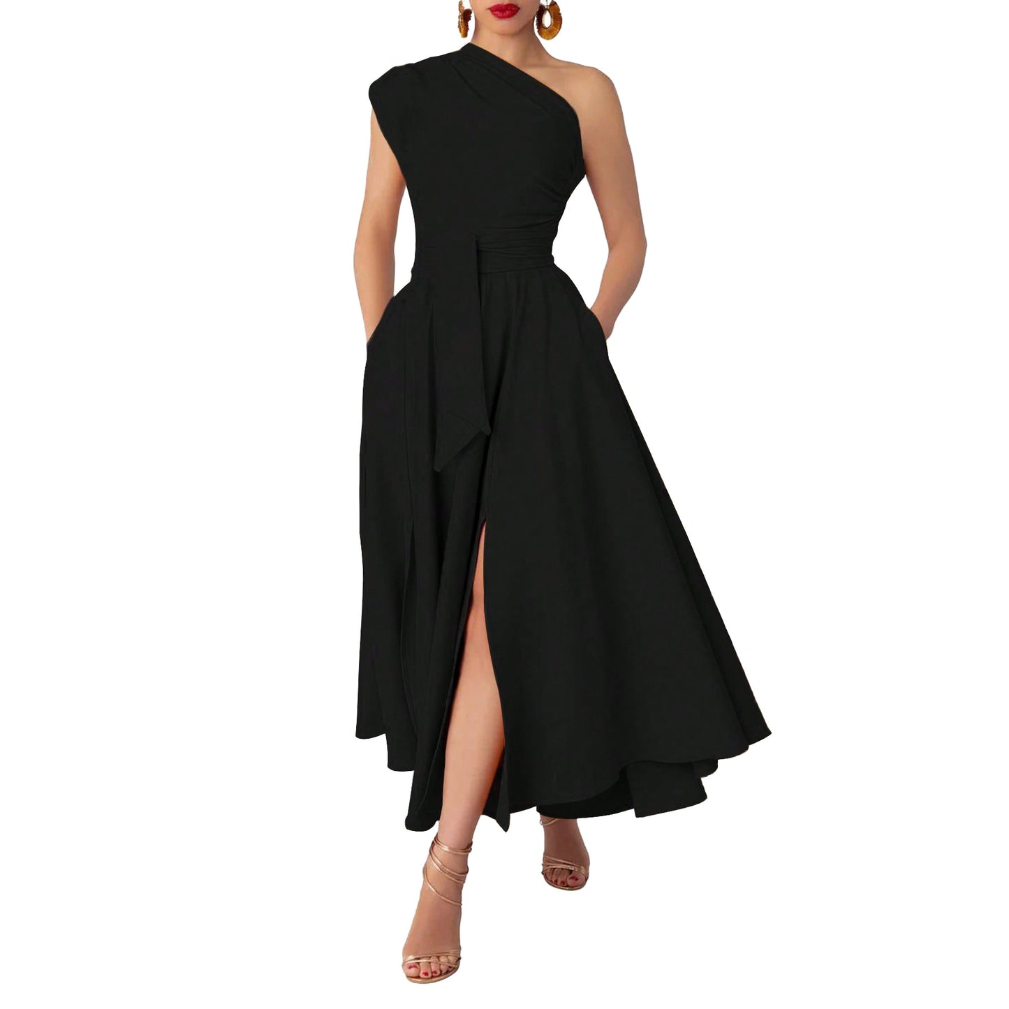 Women's Fashion Wear Sleeveless Diagonal Collar Solid Dresses