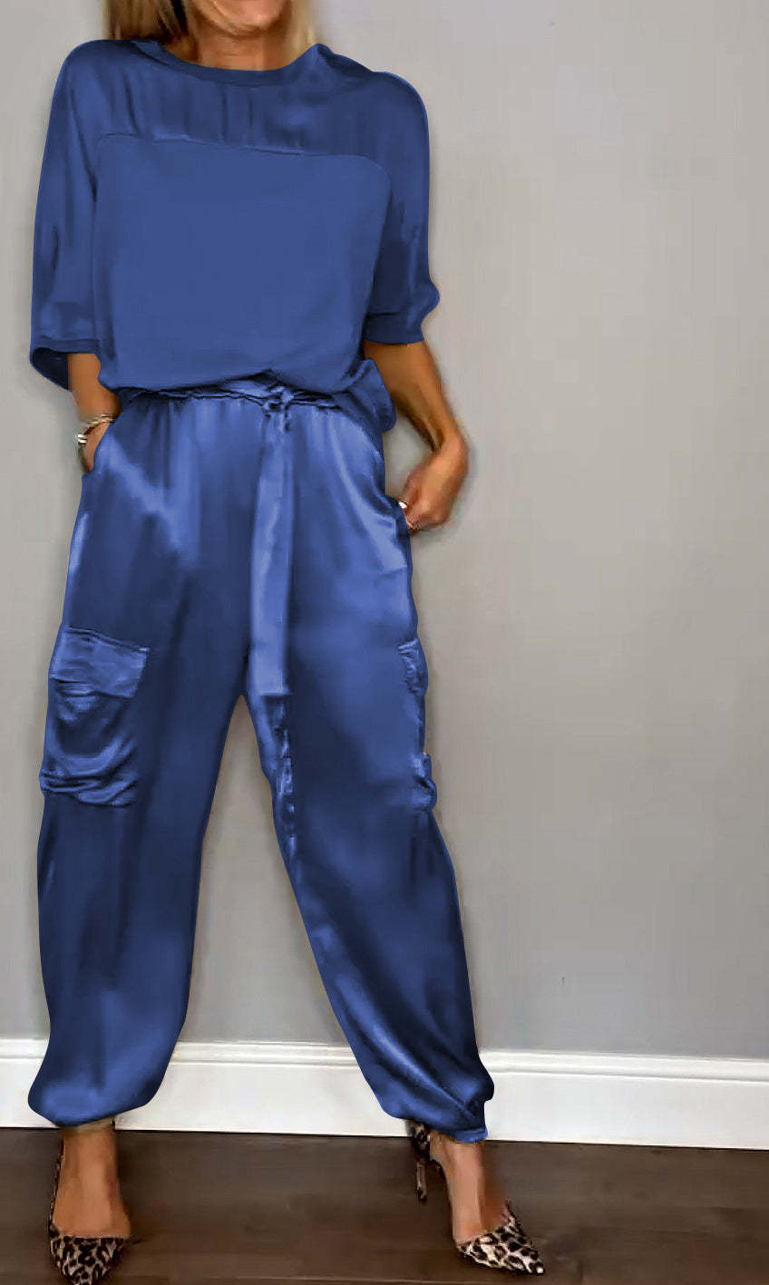 Women's Smooth Satin Short-sleeved Casual Two-piece Set Suits