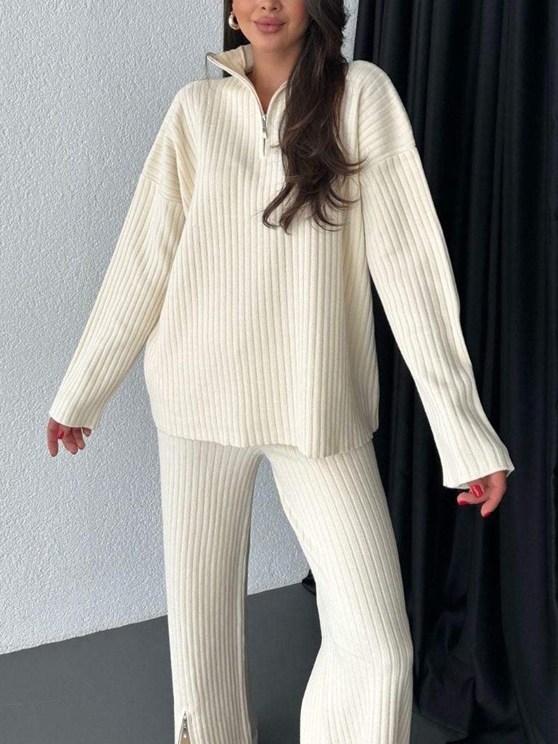 Women's Autumn Solid Color Zipper Knitting High Neck Suits