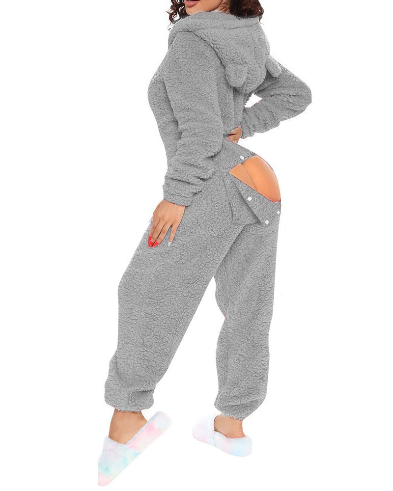 Women's One-piece Sexy Opening Long-sleeved Hooded Cute Jumpsuits