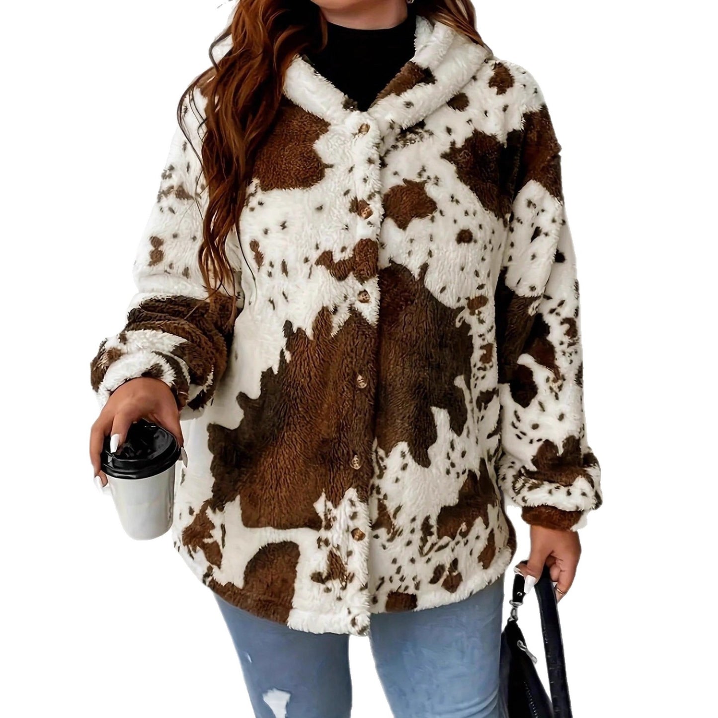 Women's Casual Fashion Plush Cow Print Button Knitwear