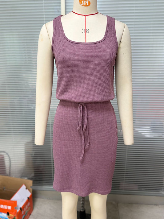 Women's Solid Color Round Neck Drawstring Casual Dress