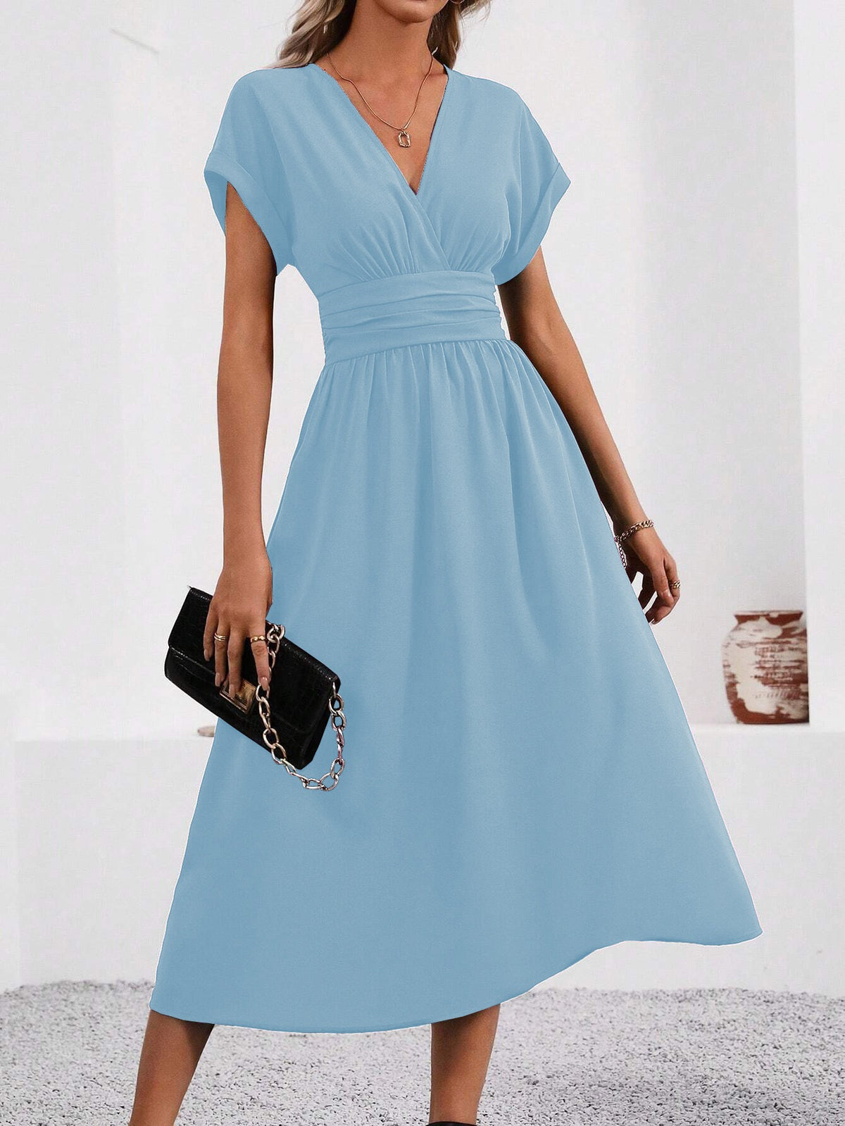 Women's Color Overlapping Batwing Sleeve Waist Pleated Dress