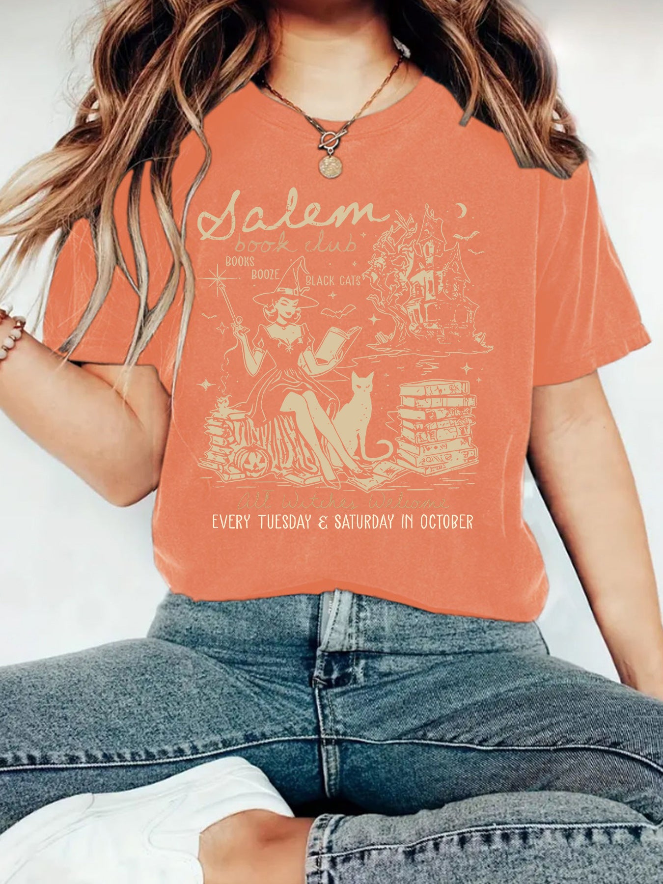 Women's Summer Salem Witch Pattern Halloween Printed Round Neck Women's T-shirt
