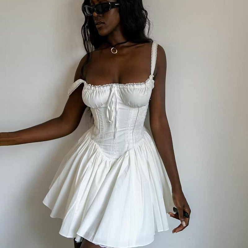 Dopamine Aurore Fishbone Cinched Waist Suspender Dresses