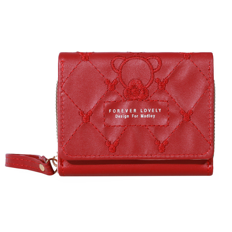 Women's Korean Embroidered Short Zipper Tri Fold Purses