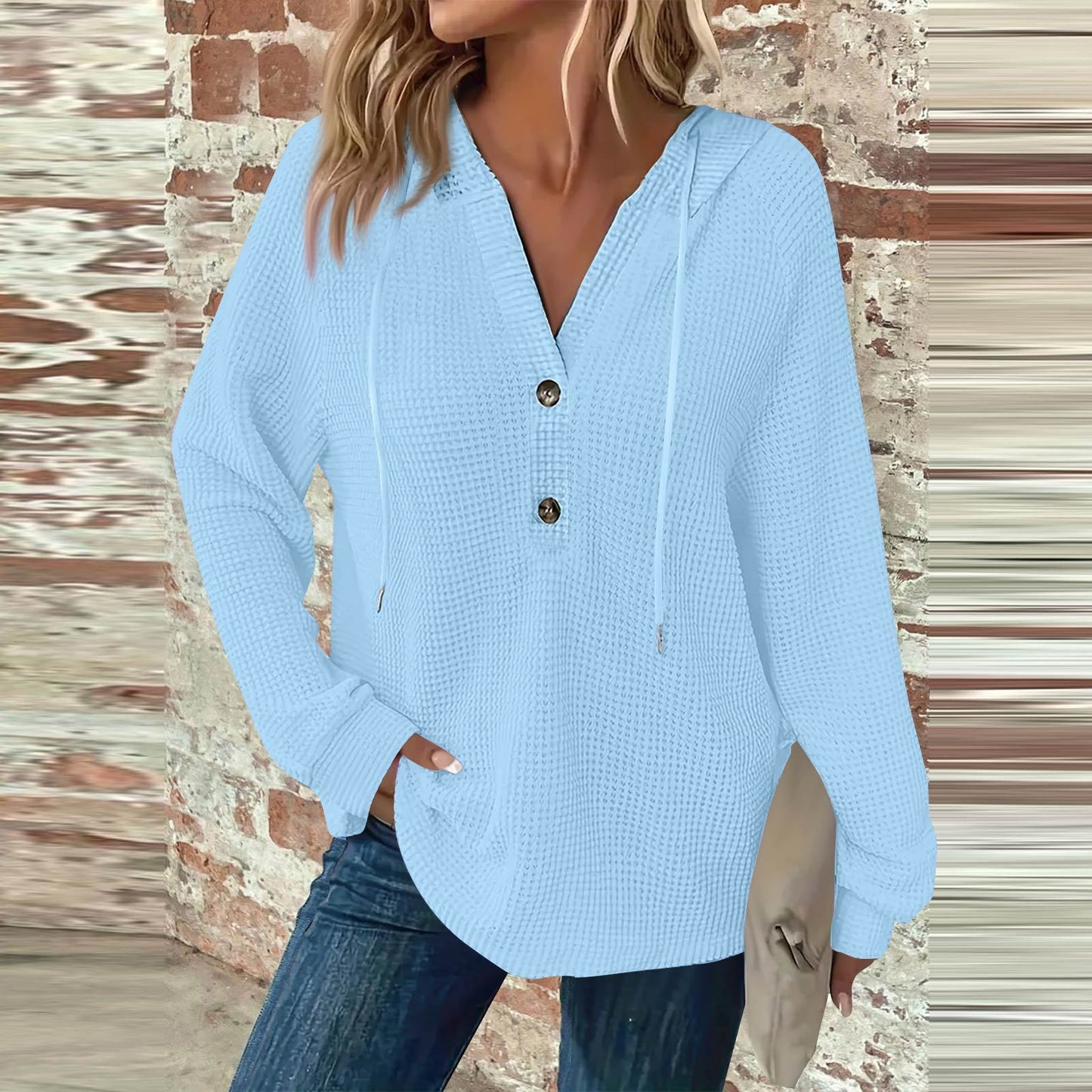 Women's Hoodie Waffle Knit Drawstring Button Long Sleeve Pullover Leisure Sweaters