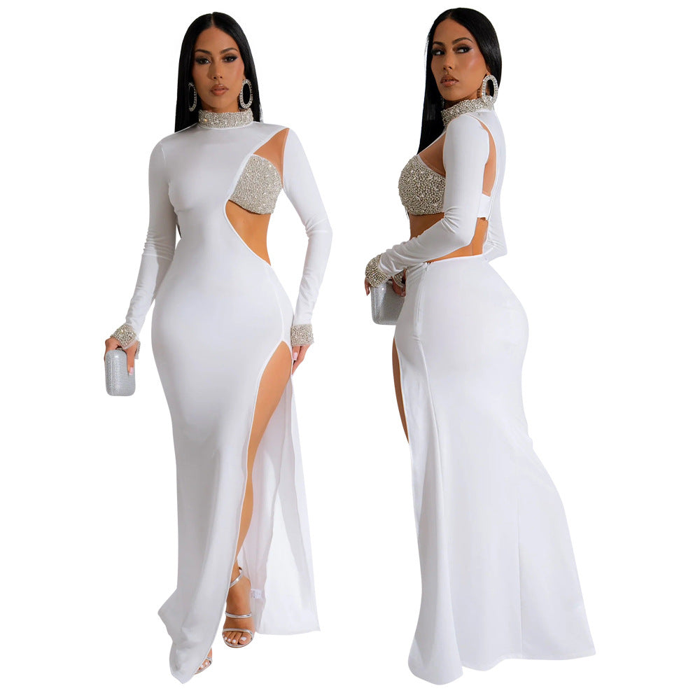 Women's Rhinestone Long Sleeve High Slit Dress Dresses