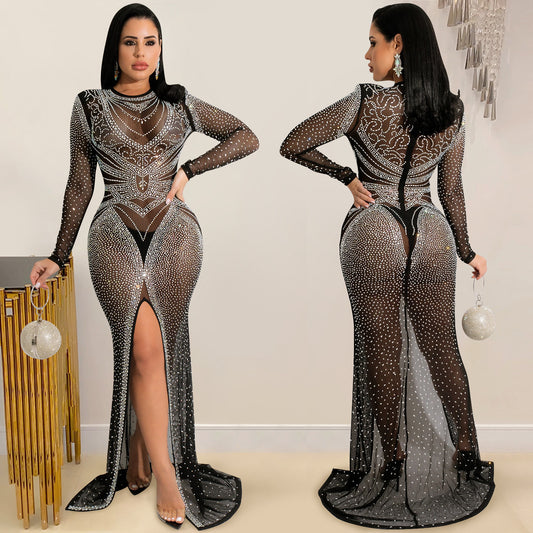 Women's Hot Drilling Mesh Long Sleeve Split Dresses