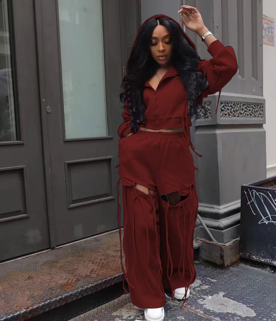 Women's Fashion Loose Hole Wide Leg Versatile Personality Hooded Suits
