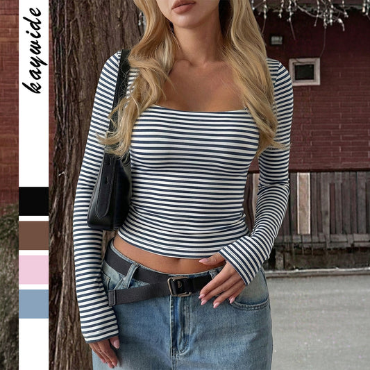 Women's American Retro Style Square Collar Striped Tops