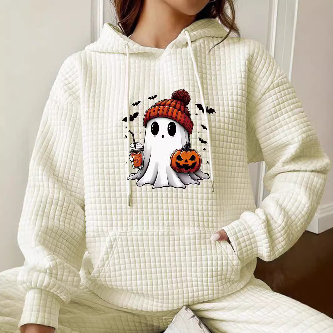Women's Waffle Hooded Long-sleeved Halloween Printed Loose Sweaters
