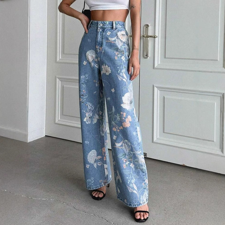 Women's Blue Floral Printed Summer Design High Jeans