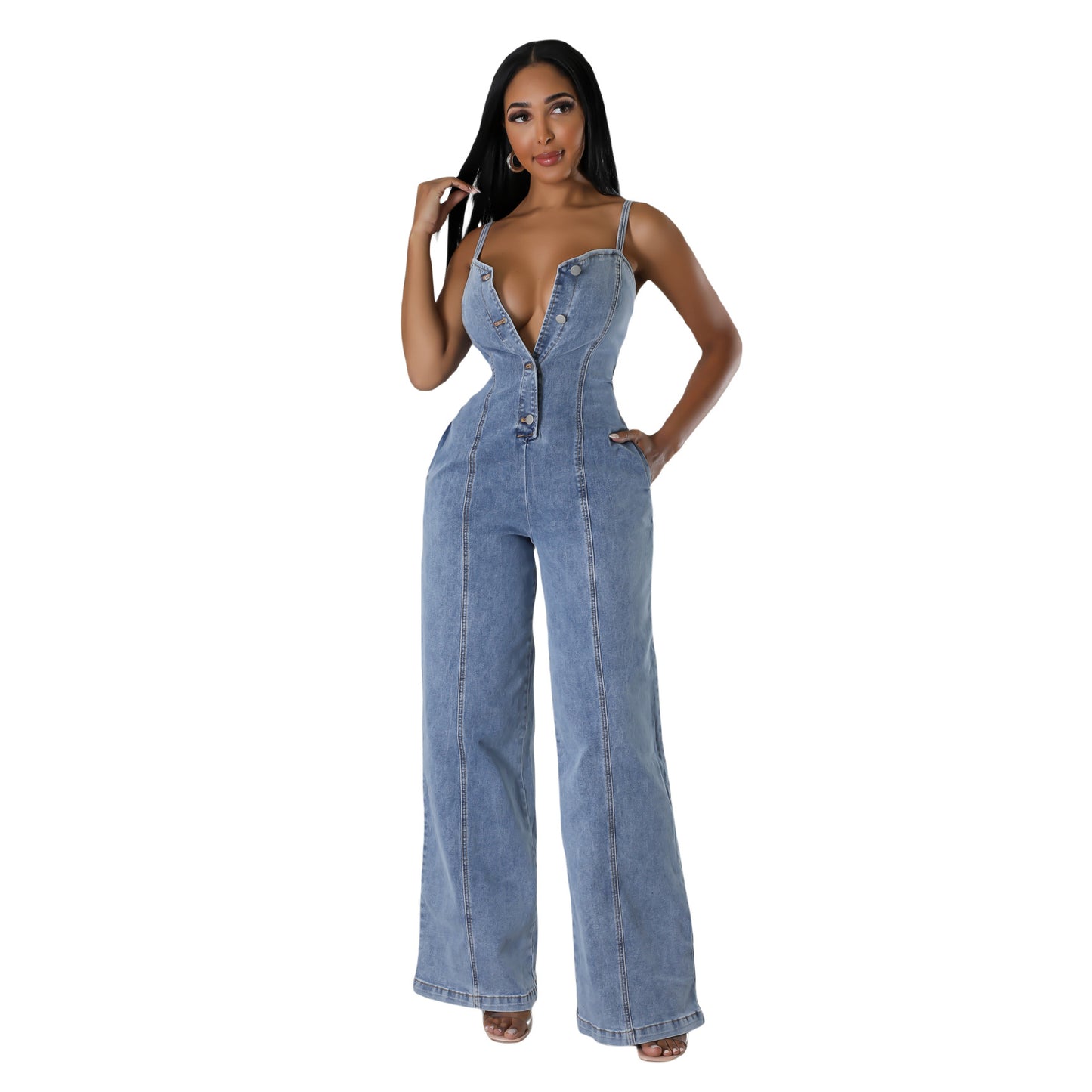 Women's Fashion Casual Sexy Sling Denim Wide Jumpsuits