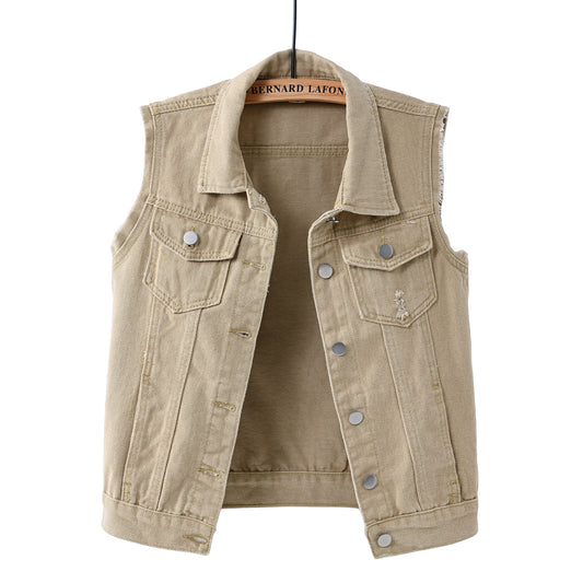 Women's Denim Slimming Frayed Sleeveless Khaki Tops