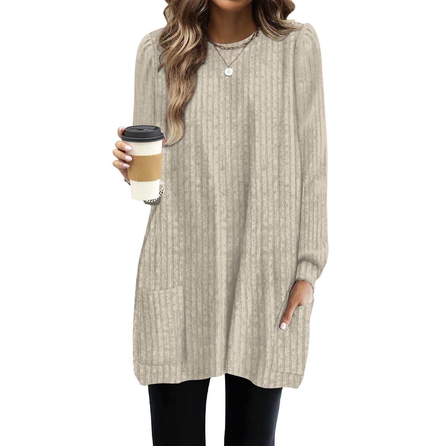 Pocket Lengthened Loose Casual Bubble Long-sleeved Women's T-shirt