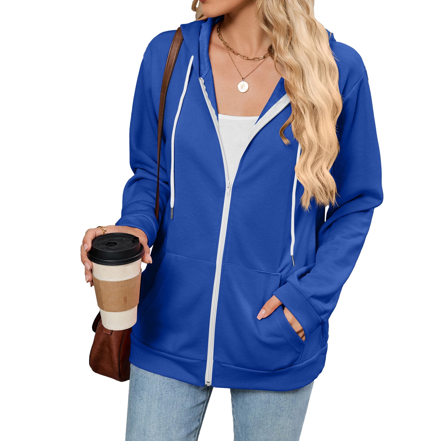 Women's Color Zipper Hooded Pocket Long Sleeve Tops