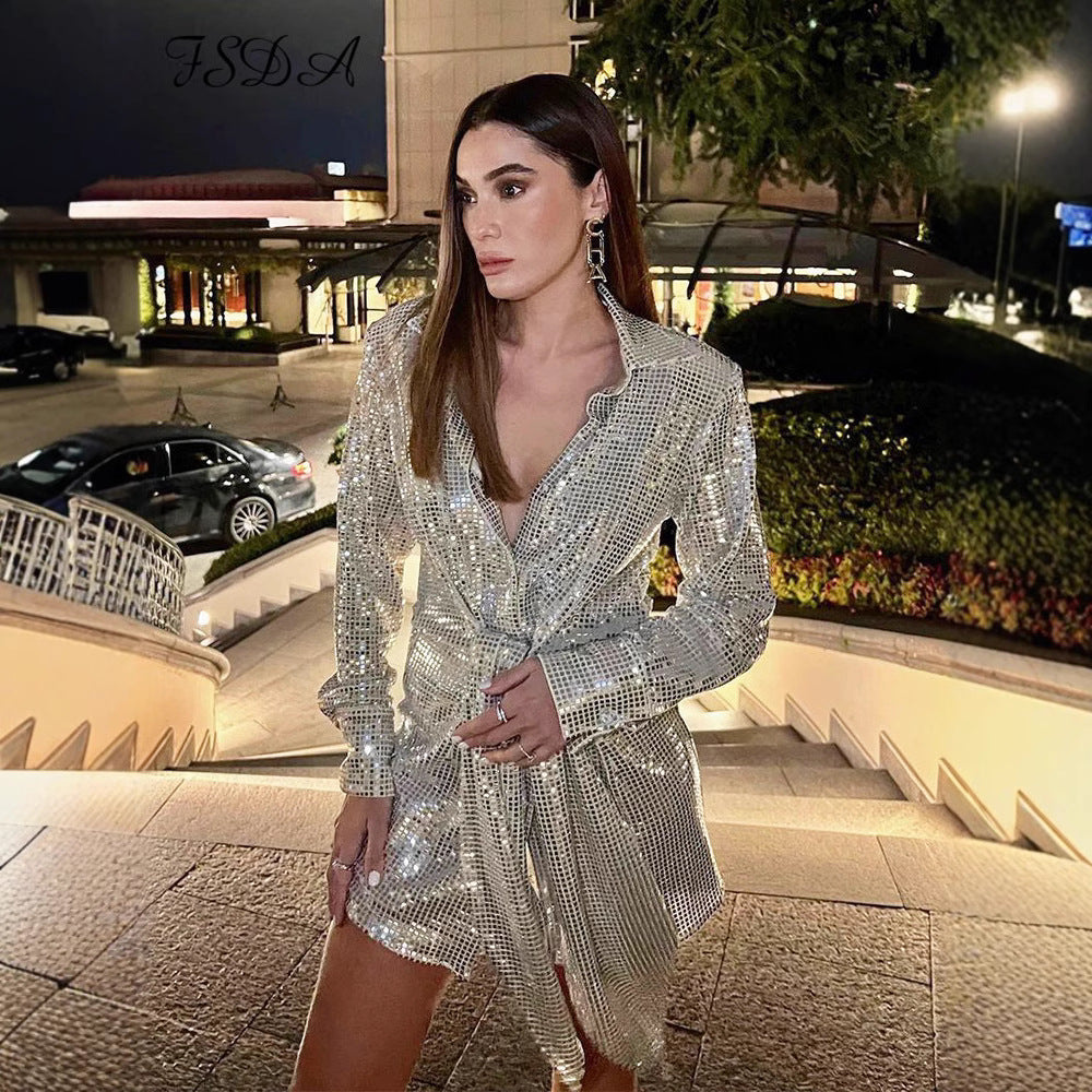 Women's Tied Slim Fit Long Sleeve Sequined Blouses