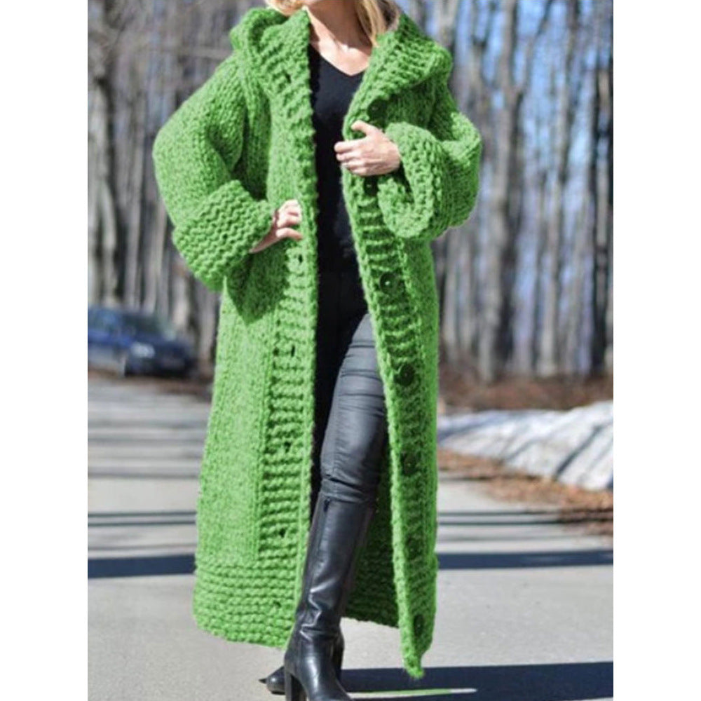 Women's Winter Hooded Single-breasted Solid Color Knitted Sweaters