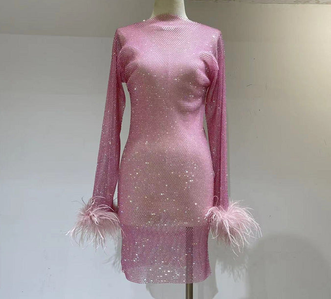 Fashion Luxury Hollow Mesh Ostrich Feather Slimming Bottoming Dresses