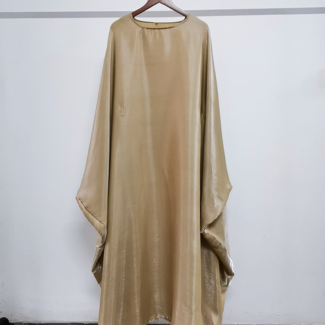 Solid Color Loose Simple Shiny Satin Robe Batwing Dress