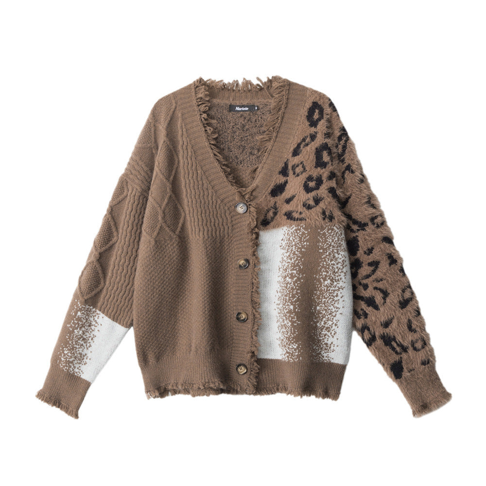 Women's American Leopard Fashionable Stitching Knitted Sweaters