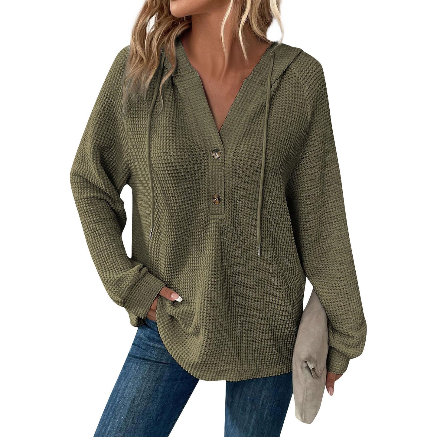 Women's Color Waffle Hooded Button Loose Long Women's Sweater, Sweater