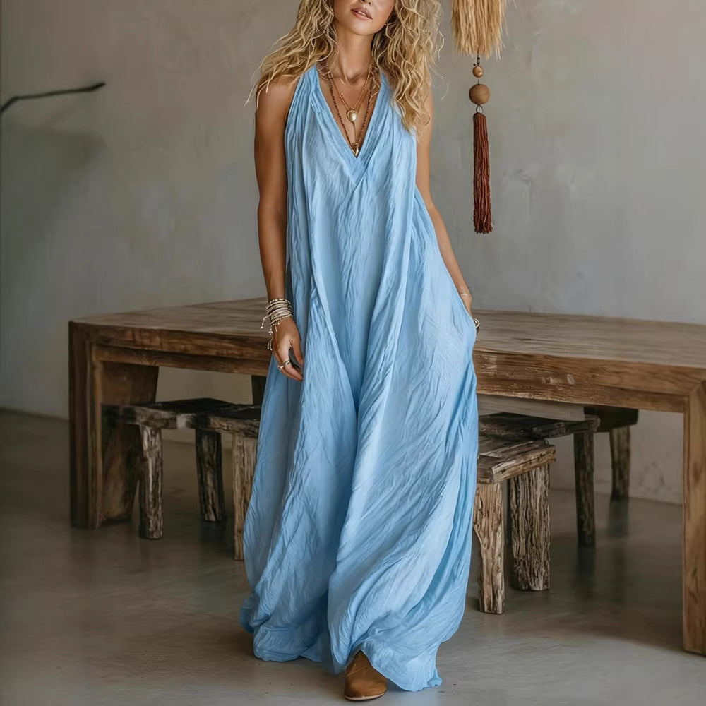 Women's Casual Sleeveless Loose Pockets Cotton Linen Jumpsuits