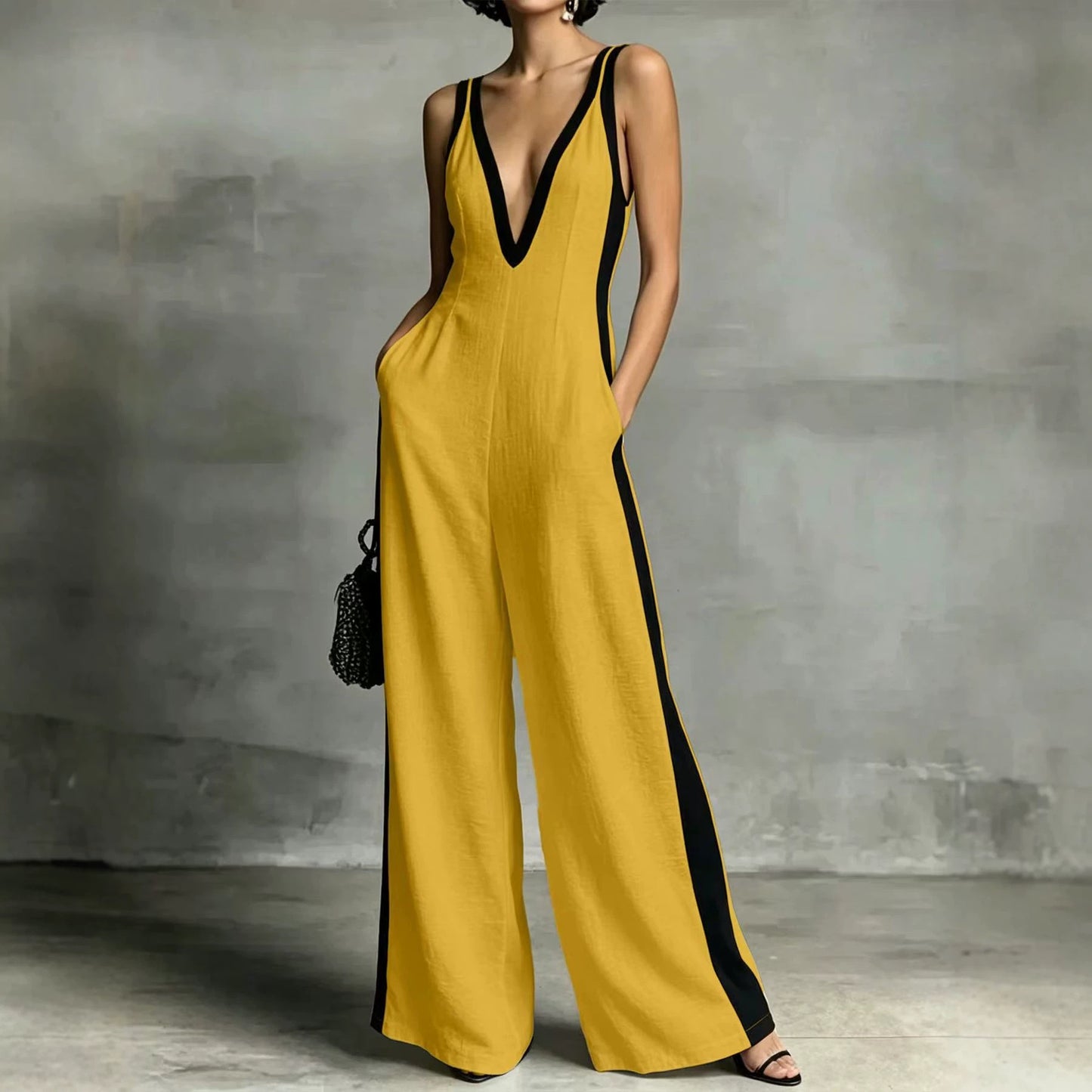 Women's Summer Fashion Wear Sleeveless Contrast Color Sling Wide Jumpsuits