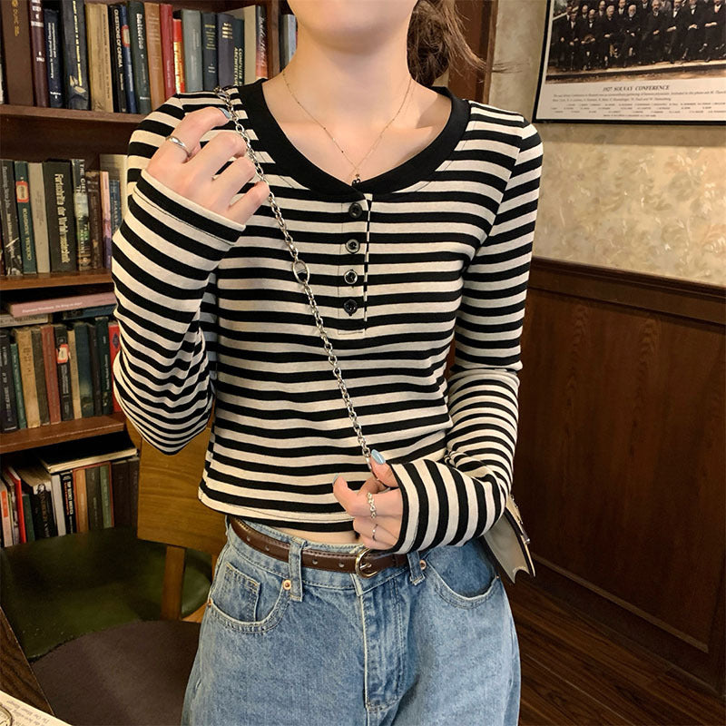 Women's Style Shoulder Striped Long-sleeved Henry Collar Design Bottoming Shirt Tops