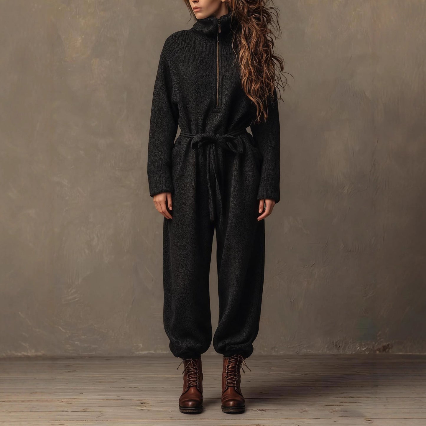 Fashion Casual Zipper Stand Collar Drawstring Jumpsuits
